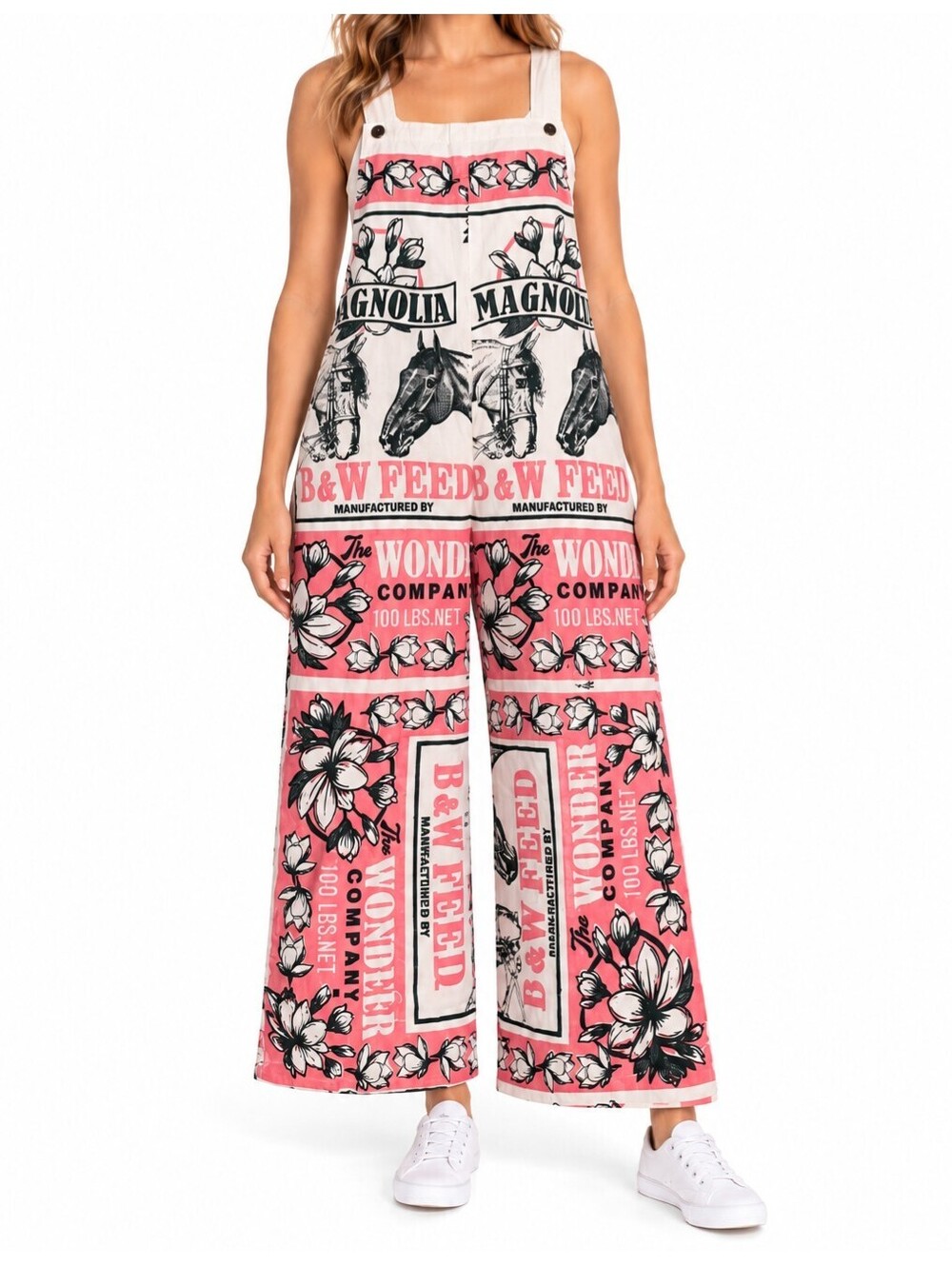 Vintage Sack Magnolia Horse Floral Wide Leg Overall Boho Jumpsuit